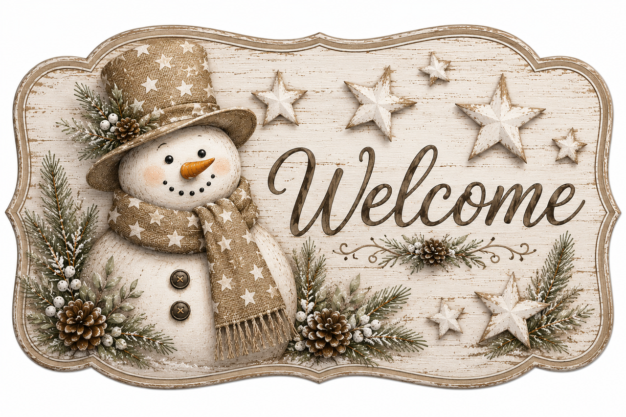 Welcome Neutral Star Snowman 12" Wood Wreath Sign - MF-W-0107