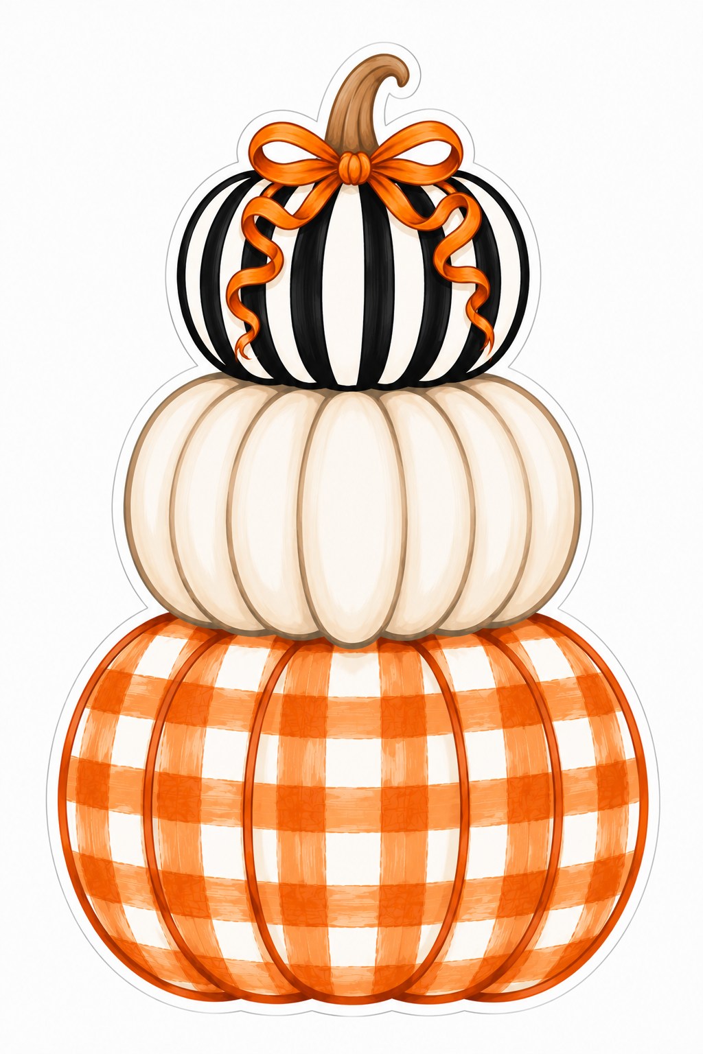Stacked Pumpkins Black Stripe Cream and Orange Gingham with Bow 32" Wood Door Hanger - DBJ-W-0077-DH-32