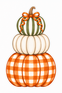 Thumbnail for Stacked Pumpkins Green Stripe Cream and Orange Gingham with Bow 14" Wood Wreath Sign - DBJ-W-0079