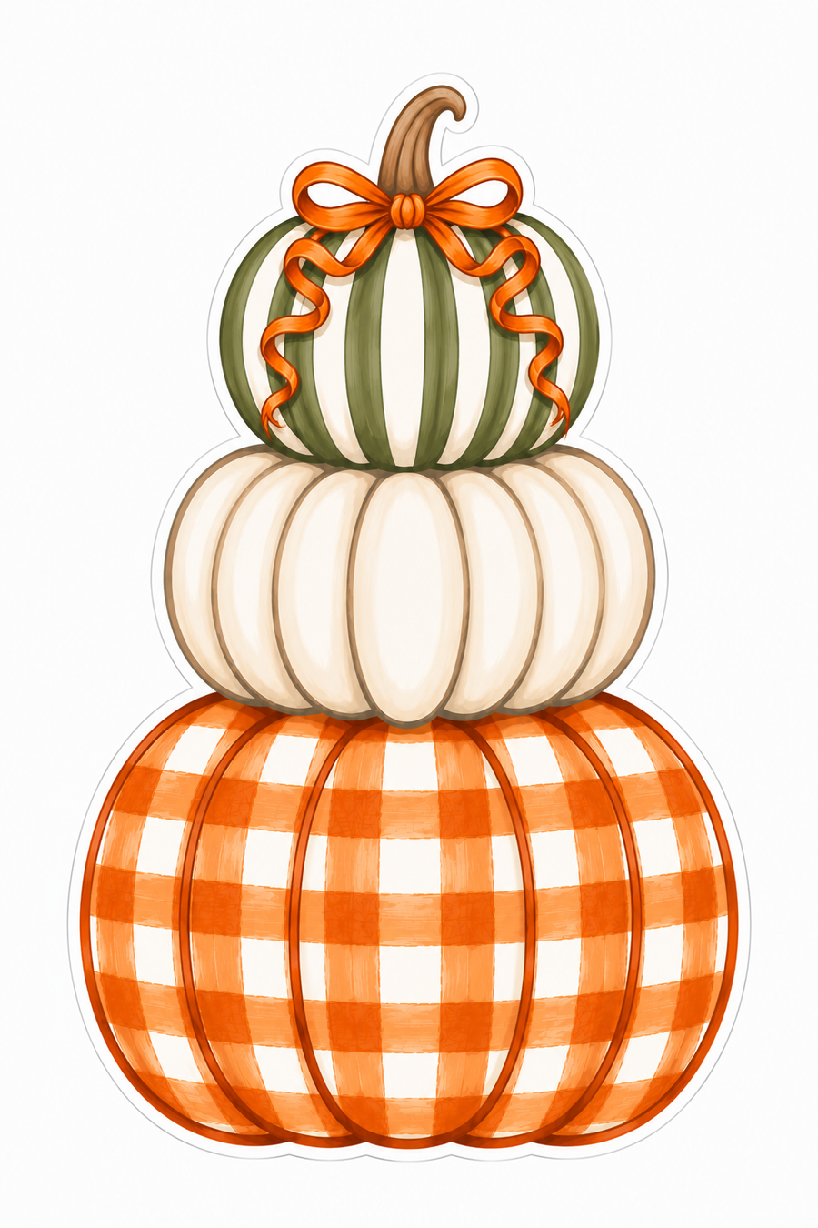 Stacked Pumpkins Green Stripe Cream and Orange Gingham with Bow 32" Wood Door Hanger - DBJ-W-0079-DH-32