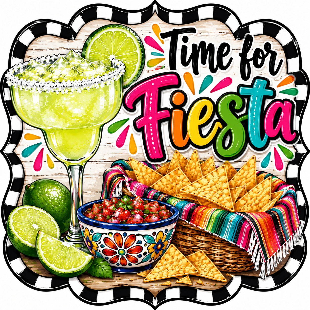Time for Fiesta Margarita Chips and Salsa Check Border 12" Wood Wreath Sign - DBJ-W-0129