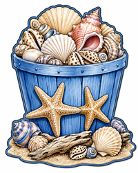 Thumbnail for Beach Bucket with Seashells and Starfish 12" Wood Wreath Sign - PS-W-0074