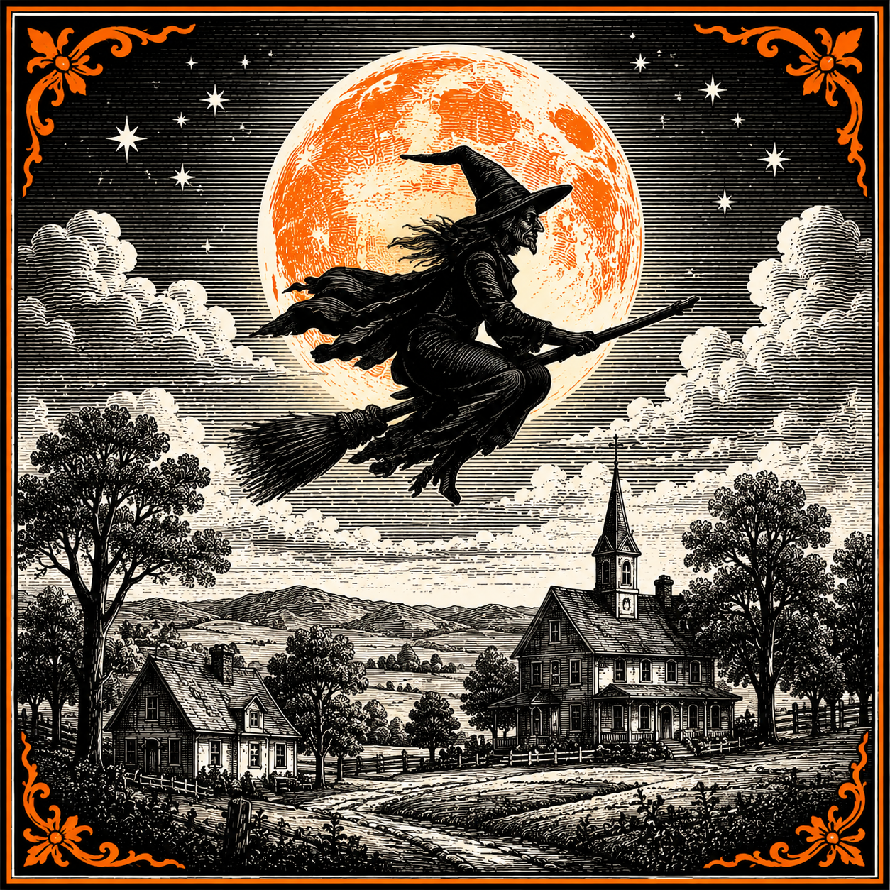 Halloween Witch Flying Moon DBJ W 12" Wood Wreath Sign - DBJ-W-0009
