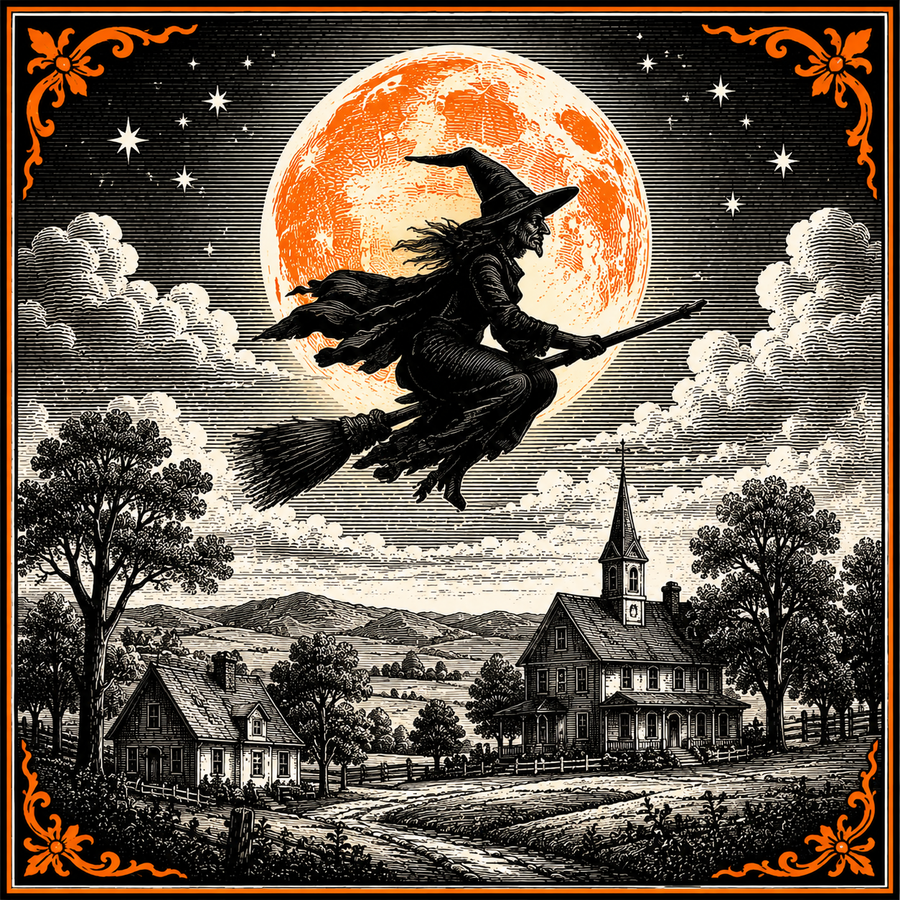 Halloween Witch Flying Moon DBJ W 12" Wood Wreath Sign - DBJ-W-0009