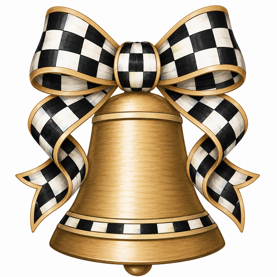 Gold Bell Black Check Bow DBJ W 12" Wood Wreath Sign - DBJ-W-0012