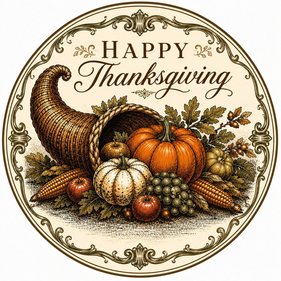 Happy Thanksgiving Cornucopia DBJ W 12" Wood Wreath Sign - DBJ-W-0020