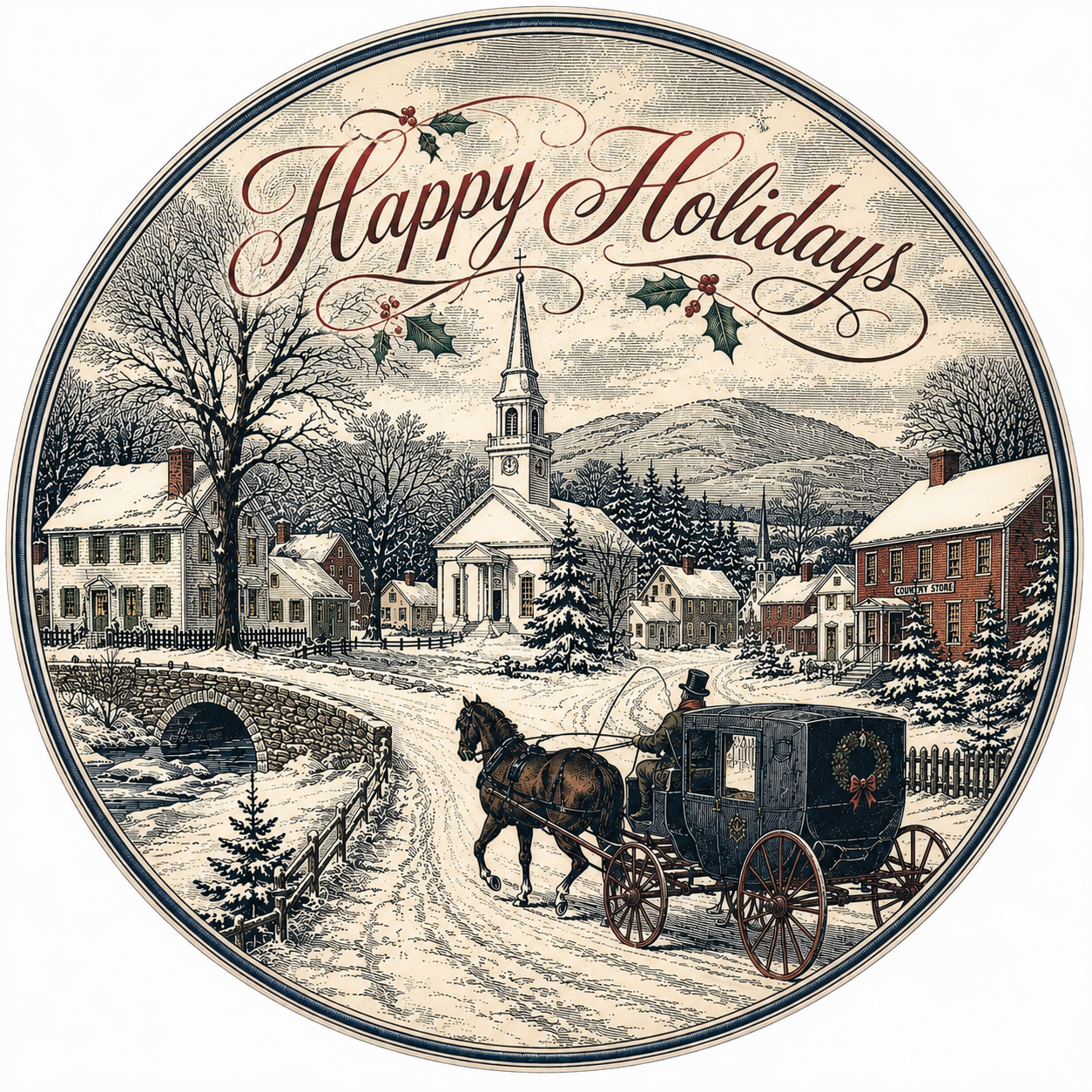 Happy Holidays Winter Village DBJ W 12" Wood Wreath Sign - DBJ-W-0021