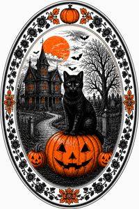 Thumbnail for Halloween Black Cat Haunted House Oval DBJ W 12" Wood Wreath Sign - DBJ-W-0022