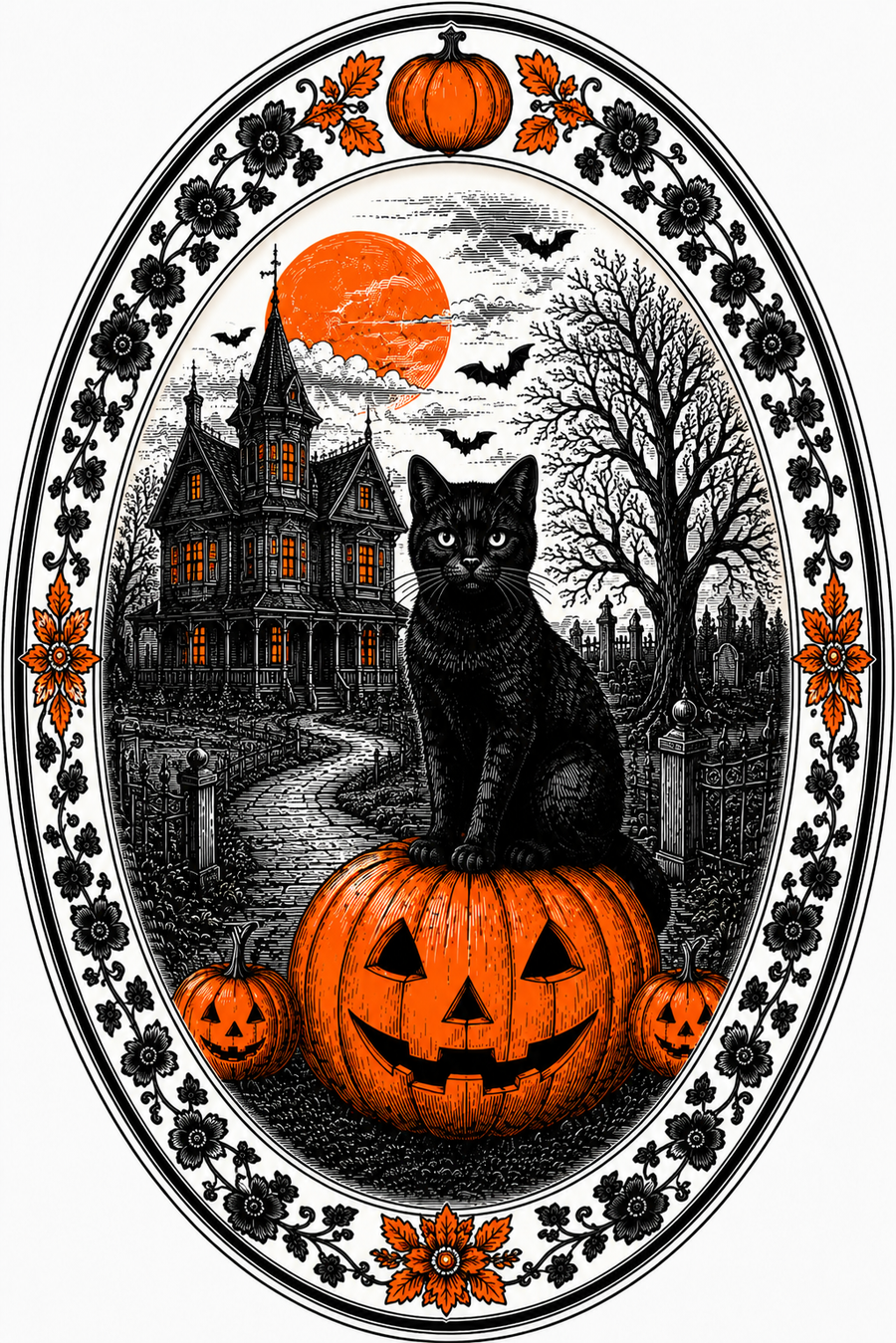 Halloween Black Cat Haunted House Oval DBJ W 12" Wood Wreath Sign - DBJ-W-0022
