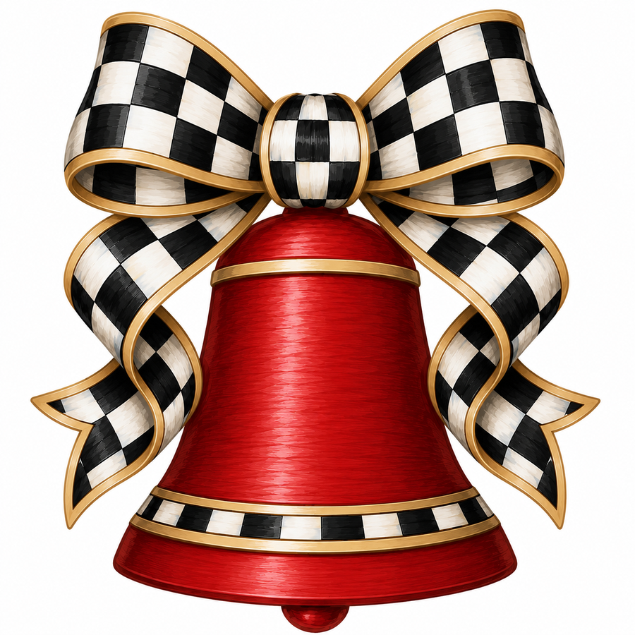 Red Bell Black Check Bow DBJ W 12" Wood Wreath Sign - DBJ-W-0025