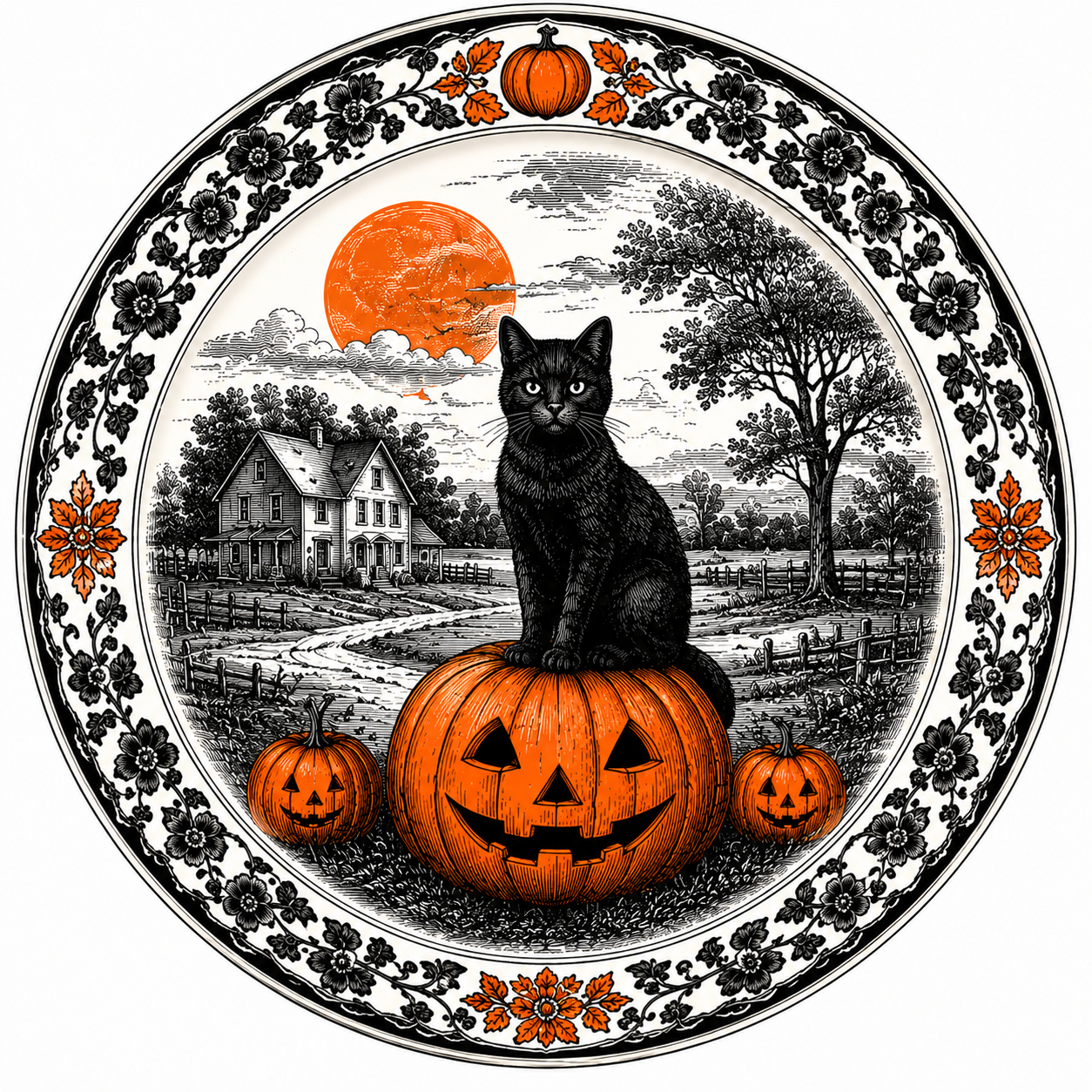 Halloween Black Cat Toile DBJ W 12" Wood Wreath Sign - DBJ-W-0028