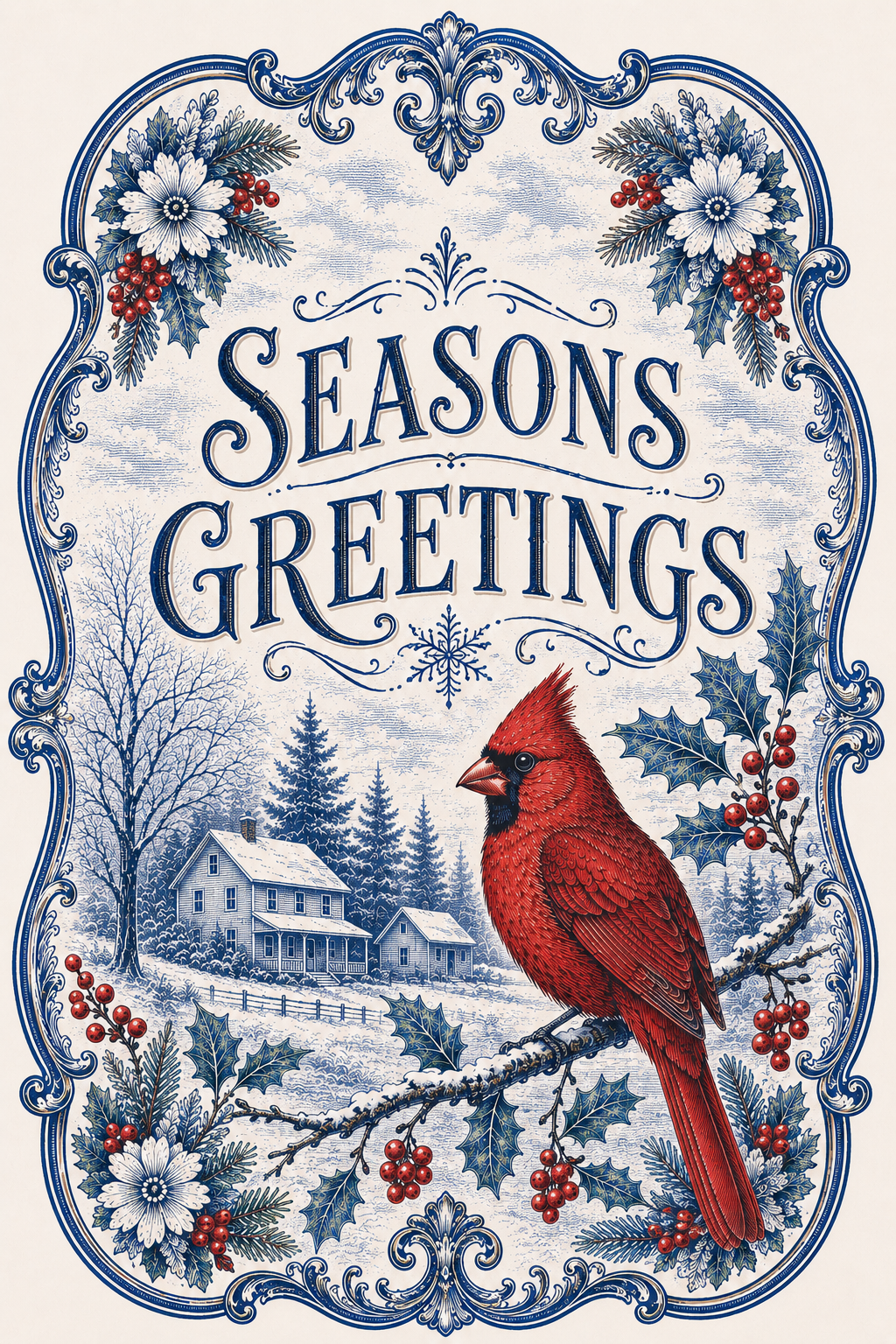 Blue Cardinal Season Greetings Christmas 12" Wood Wreath Sign - DBJ-W-0043