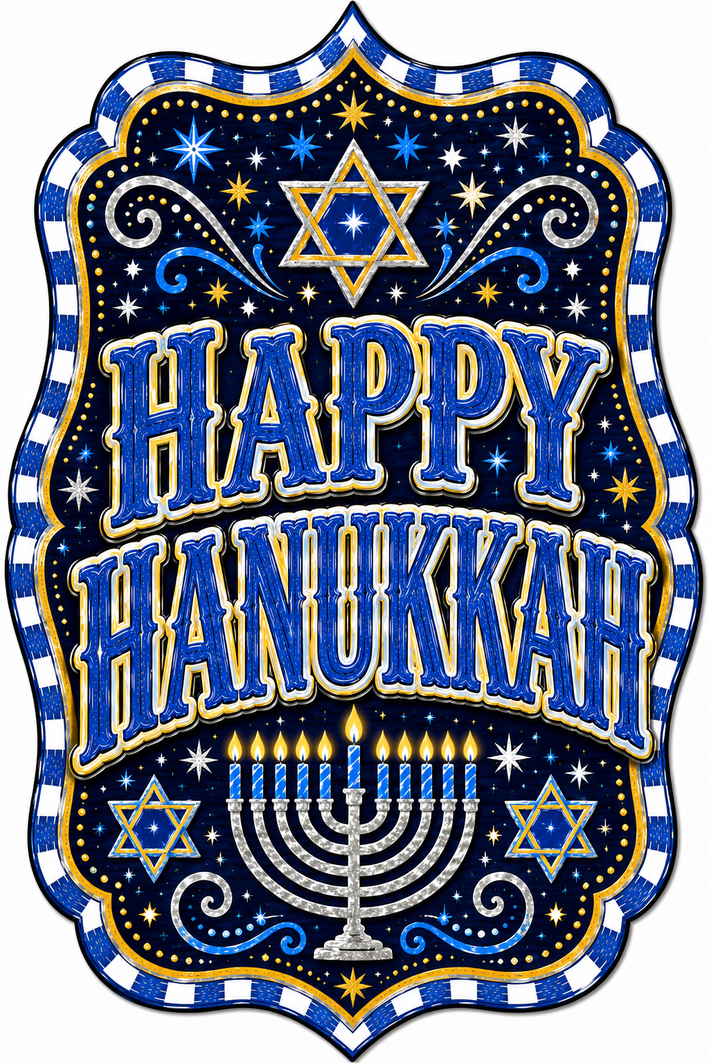 Happy Hanukkah with Menorah and Stars 12" Wood Wreath Sign - DBJ-W-0066