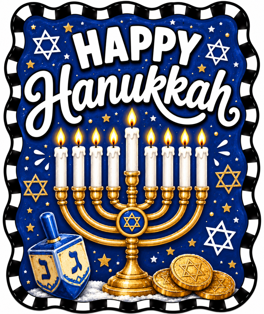 Happy Hanukkah Menorah and Dreidel 12" Wood Wreath Sign - DBJ-W-0068