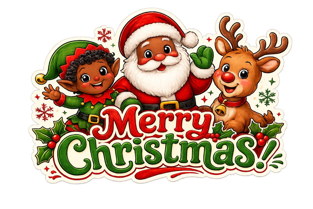 Merry Christmas Black Santa Elf and Rudolph 12" Wood Wreath Sign - DBJ-W-0083