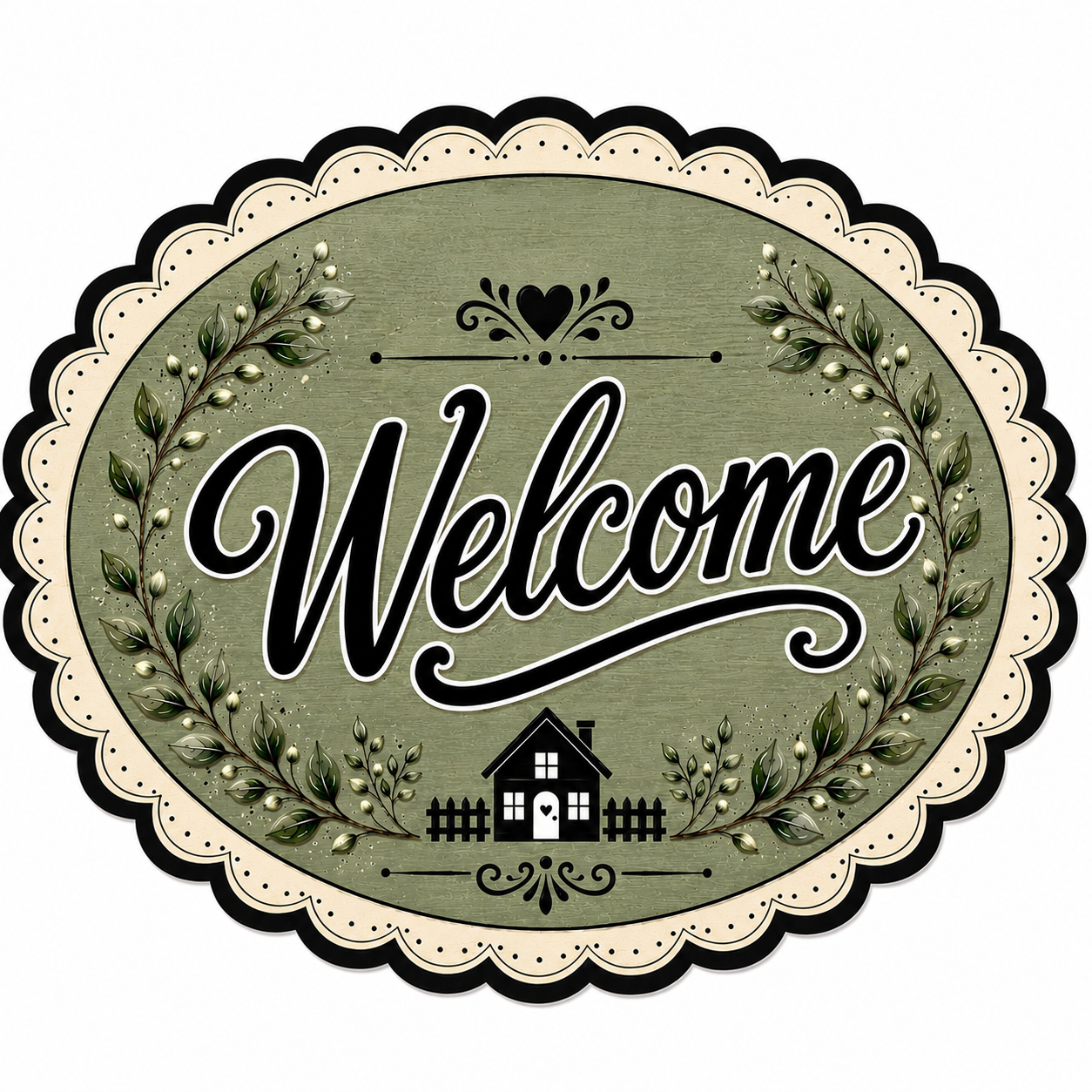 Welcome Oval Sage Greenery and House 12" Wood Wreath Sign - DBJ-W-0085