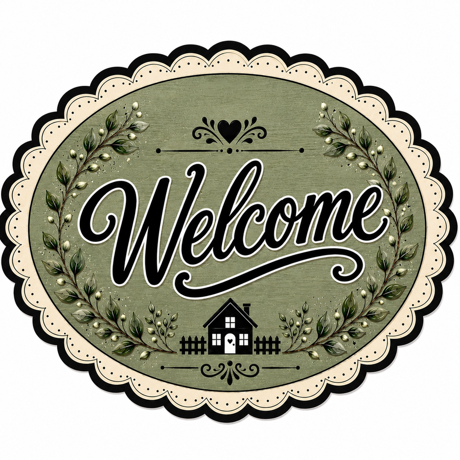 Welcome Oval Sage Greenery and House 12" Wood Wreath Sign - DBJ-W-0085