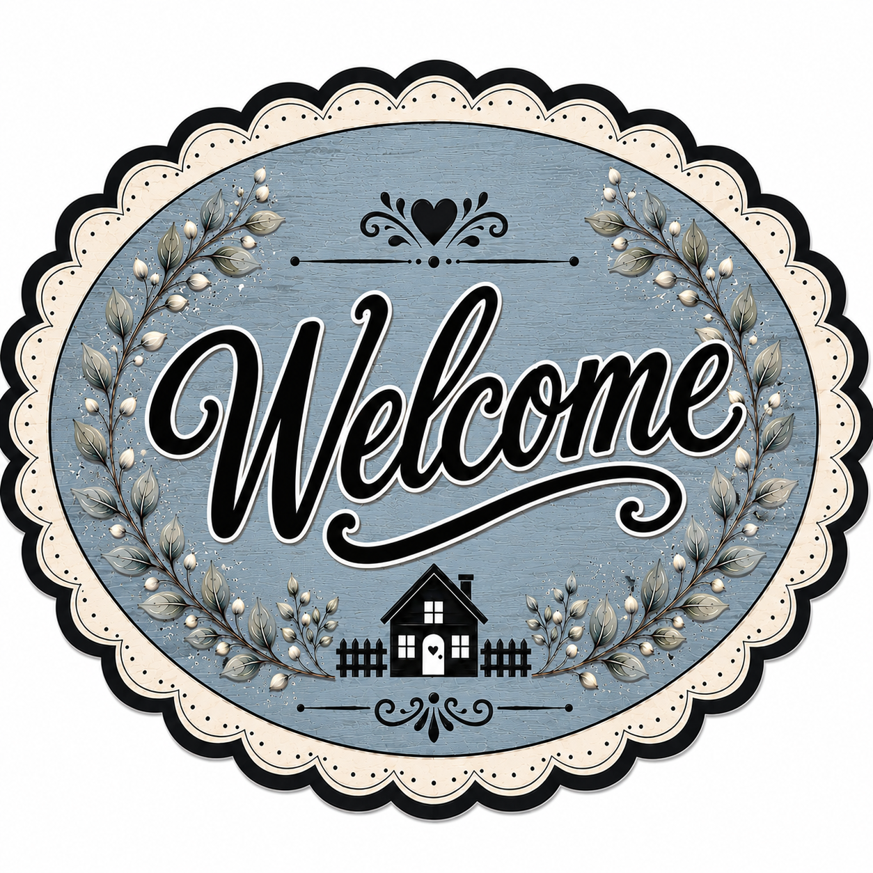 Welcome Oval Blue Greenery and House 12" Wood Wreath Sign - DBJ-W-0086