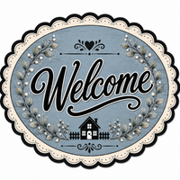 Thumbnail for Welcome Oval Blue Greenery and House 12" Wood Wreath Sign - DBJ-W-0086