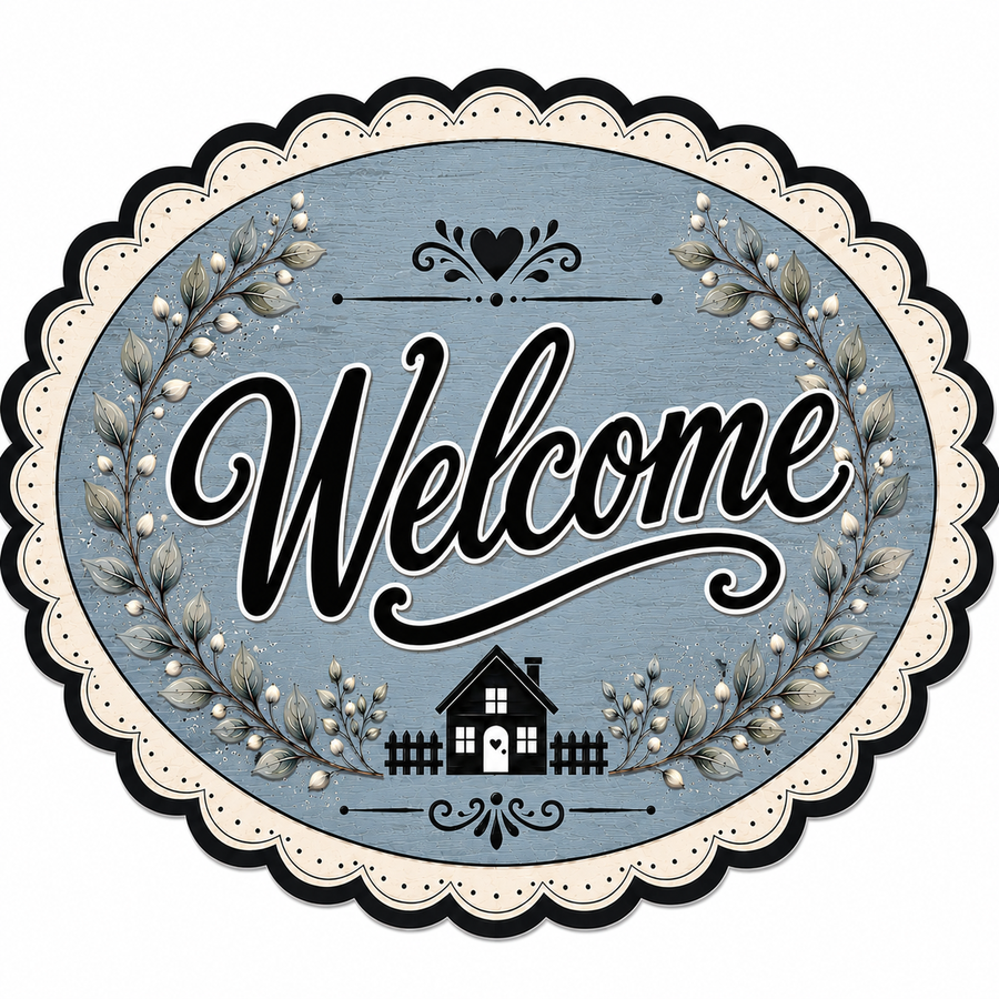 Welcome Oval Blue Greenery and House 12" Wood Wreath Sign - DBJ-W-0086