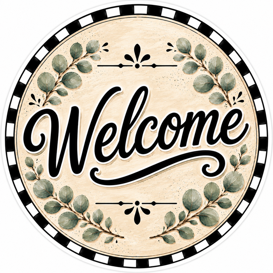 Welcome Check Eucalyptus 12" Wood Wreath Sign - DBJ-W-0087