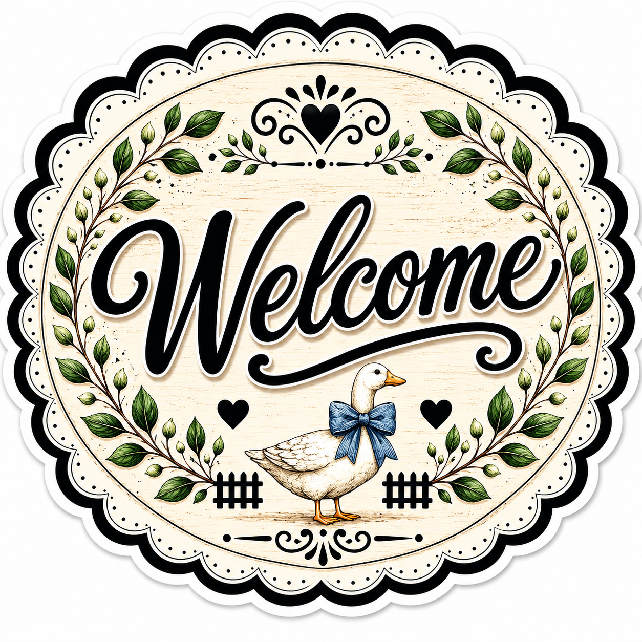 Welcome Duck with Blue Bow 12" Wood Wreath Sign - DBJ-W-0088