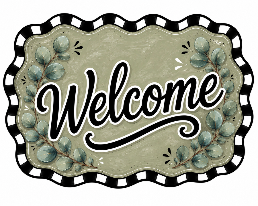 Welcome Sage Wavy Check Eucalyptus 12" Wood Wreath Sign - DBJ-W-0089