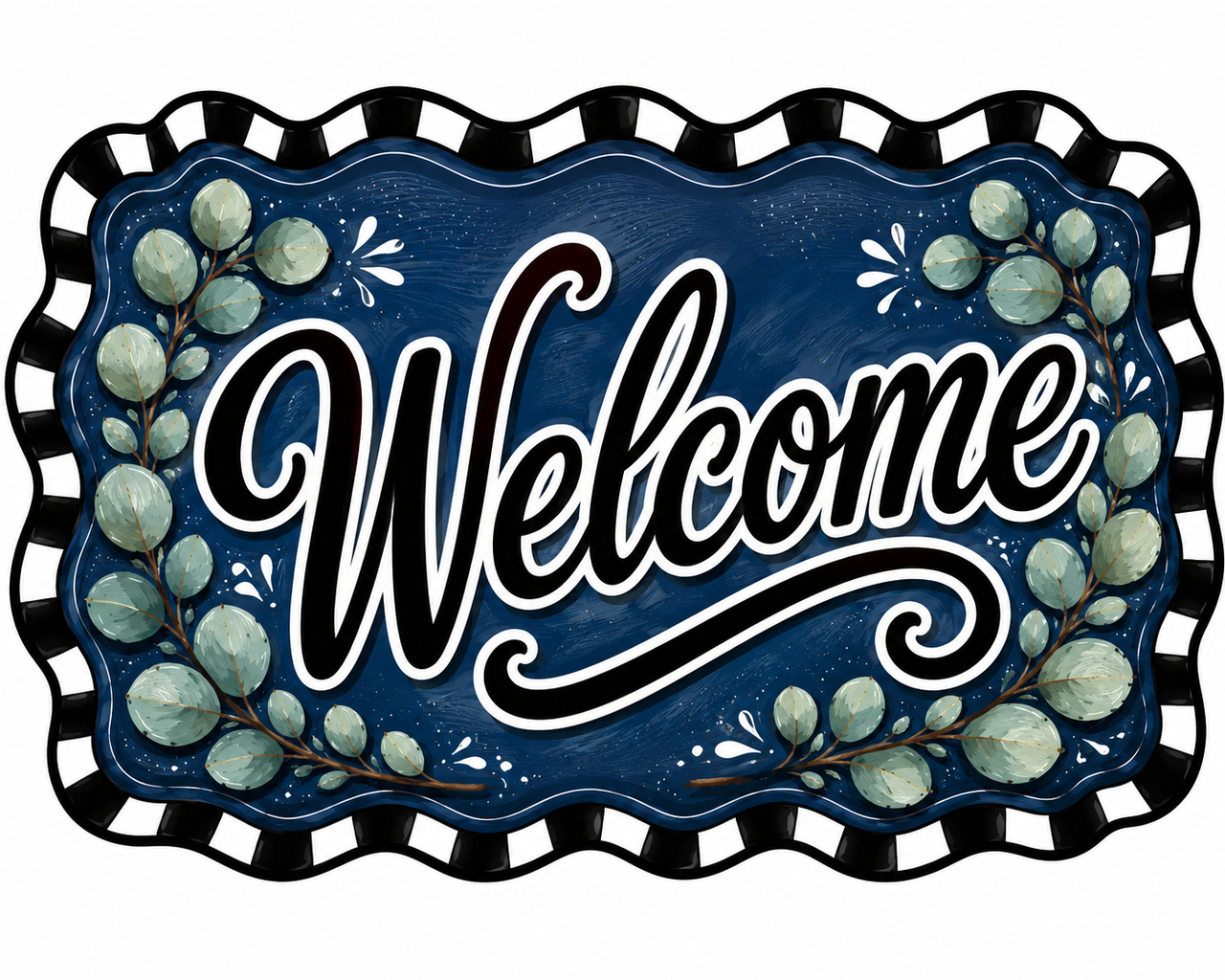 Welcome Navy Wavy Check Eucalyptus 12" Wood Wreath Sign - DBJ-W-0090