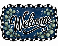 Thumbnail for Welcome Navy Wavy Check Eucalyptus 12" Wood Wreath Sign - DBJ-W-0090