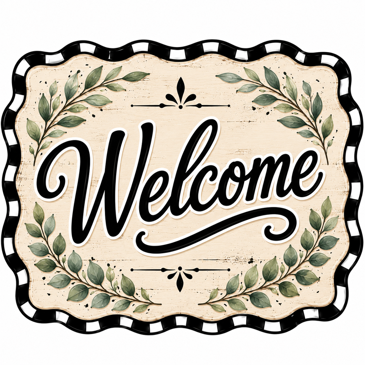 Welcome Cream Wavy Check Laurel 12" Wood Wreath Sign - DBJ-W-0092