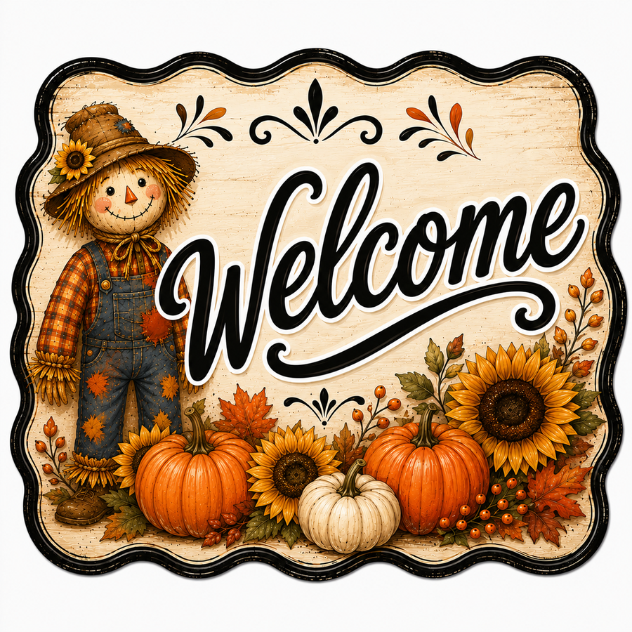 Welcome Scarecrow Pumpkins 12" Wood Wreath Sign - DBJ-W-0107