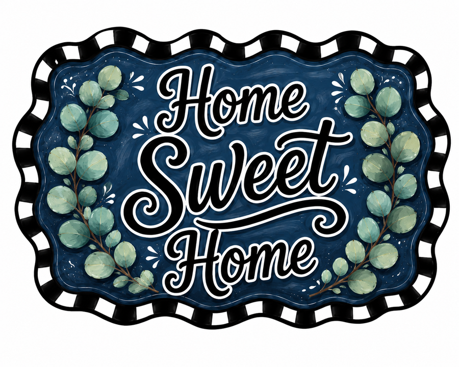 Home Sweet Home Navy Wavy Check Eucalyptus 12" Wood Wreath Sign - DBJ-W-0109