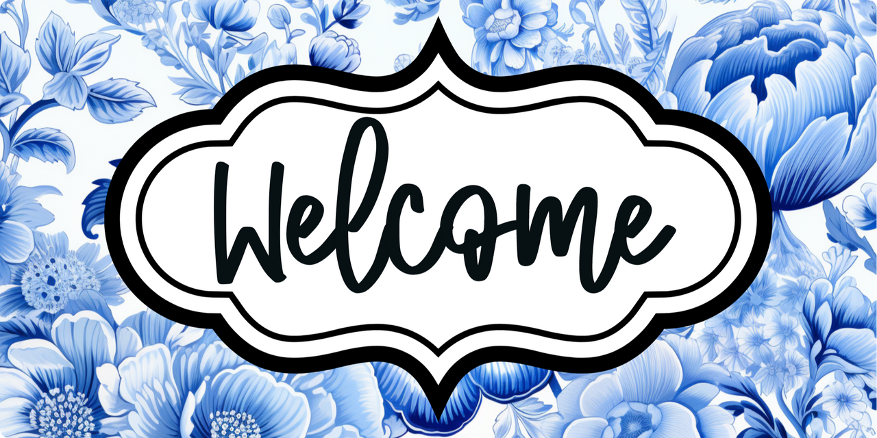 Blue Floral Welcome 6x12" Wood Wreath Sign - DCO-00160-1