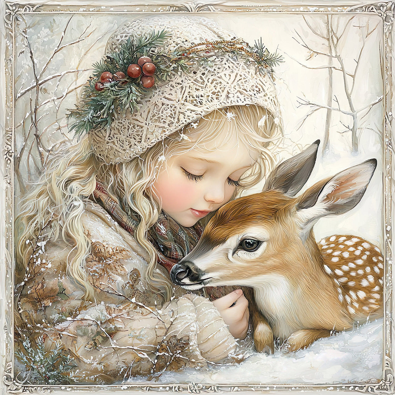 Winter Deer and Girl Sign, DCO-102303, Sign For Wreath, 10x10in Metal Sign