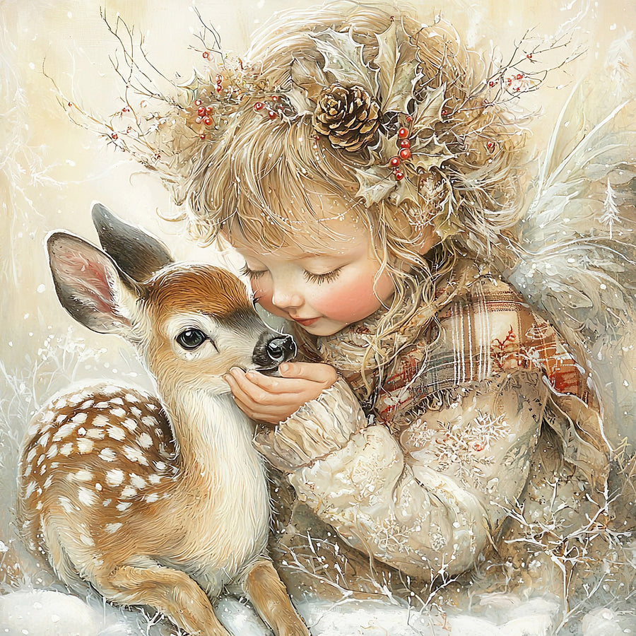 Winter Deer and Girl Sign, DCO-102306, Sign For Wreath, 10x10in Metal Sign