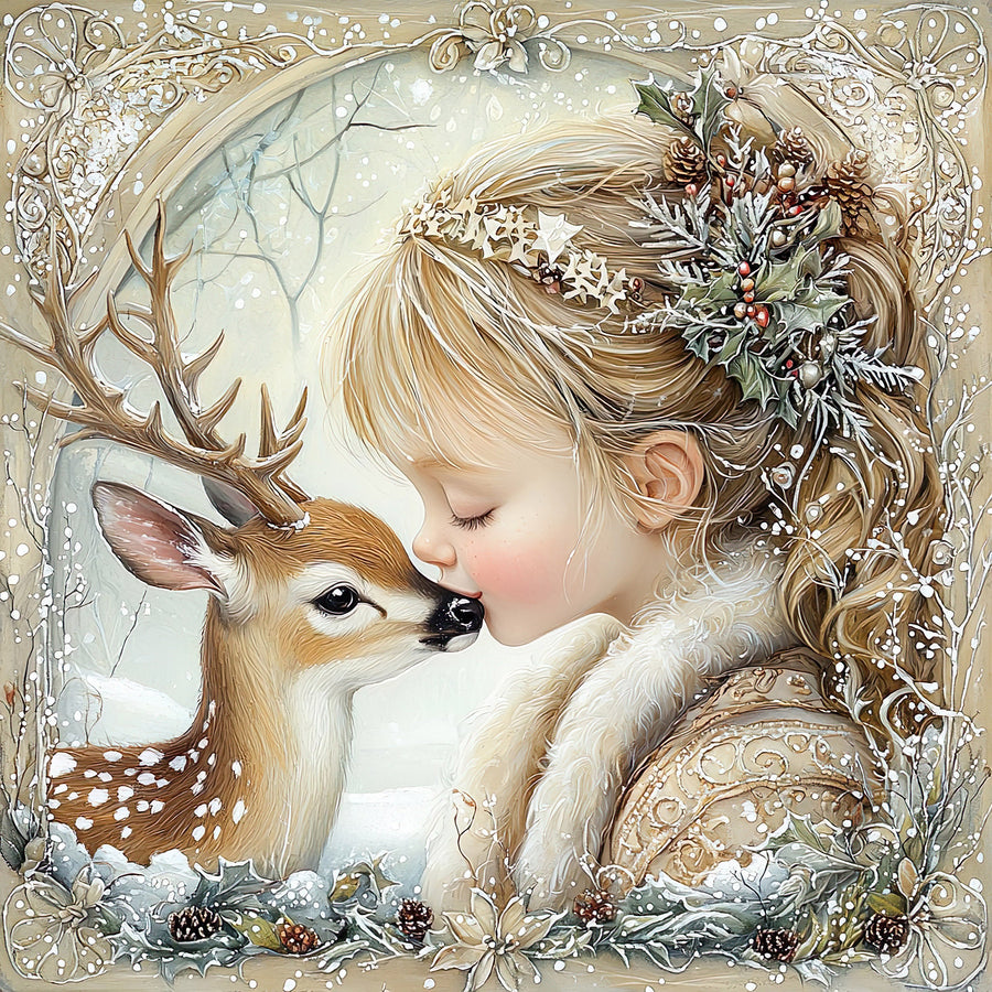 Winter Deer and Girl Sign, DCO-102308, Sign For Wreath, 10x10in Metal Sign