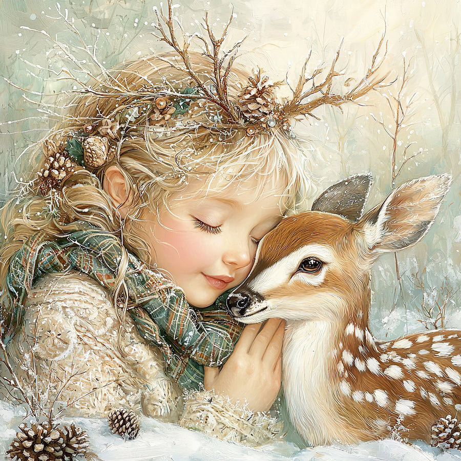 Winter Deer and Girl Sign, DCO-102311, Sign For Wreath, 10x10in Metal Sign
