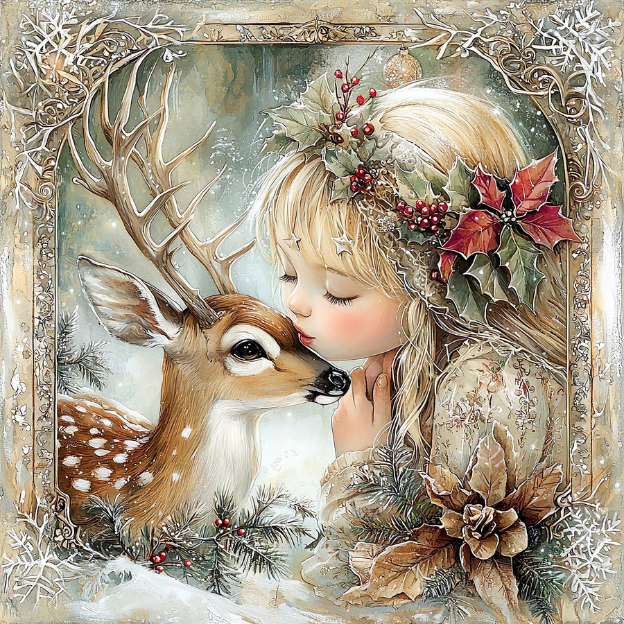Winter Deer and Girl Sign, DCO-102314, Sign For Wreath, 10x10in Metal Sign