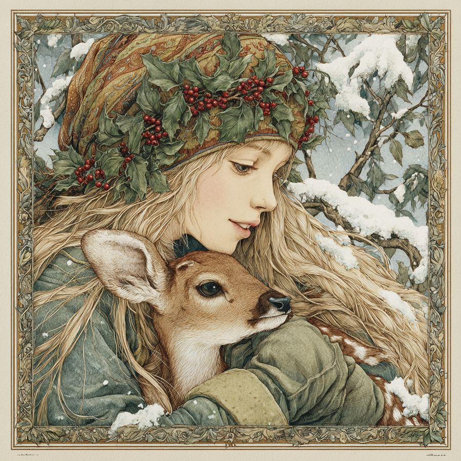 Winter Girl with Deer Sign, DCO-102506, Sign For Wreath, 10x10in Metal Sign