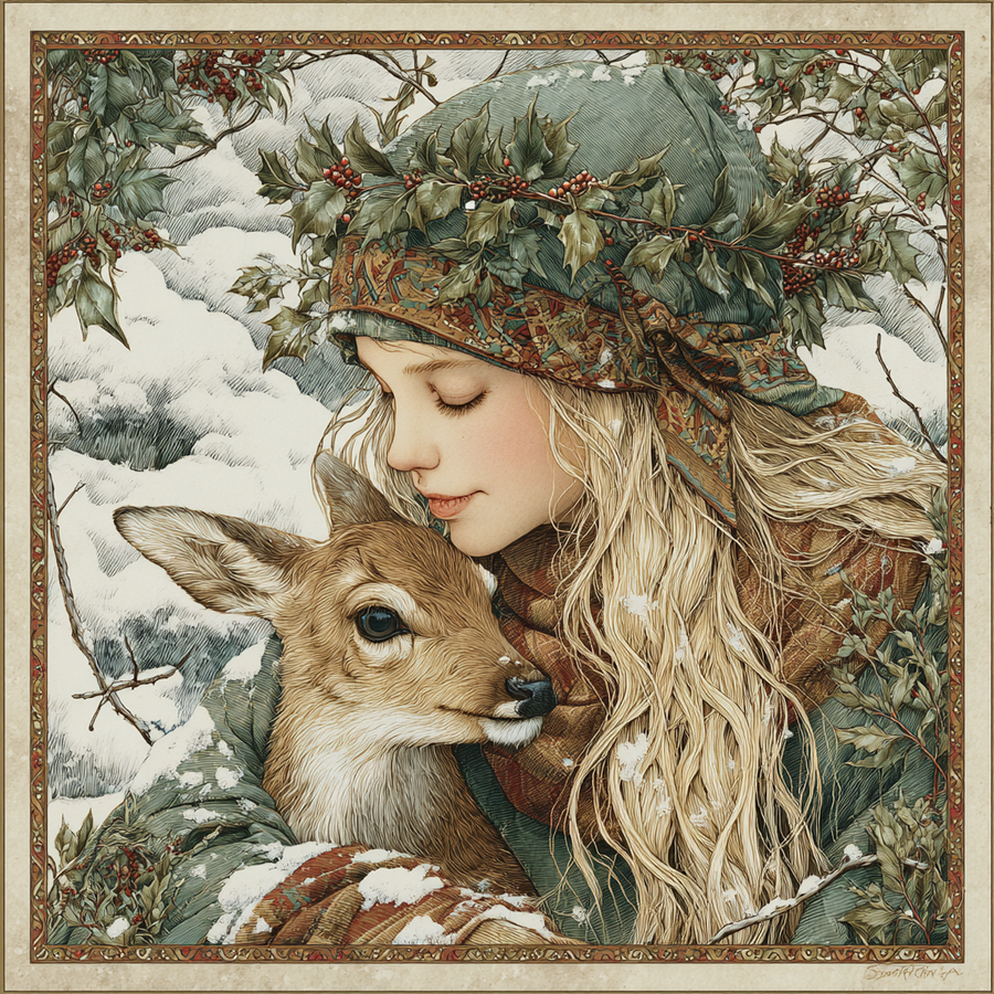 Winter Girl with Deer Sign, DCO-102517, Sign For Wreath, 10x10in Metal Sign