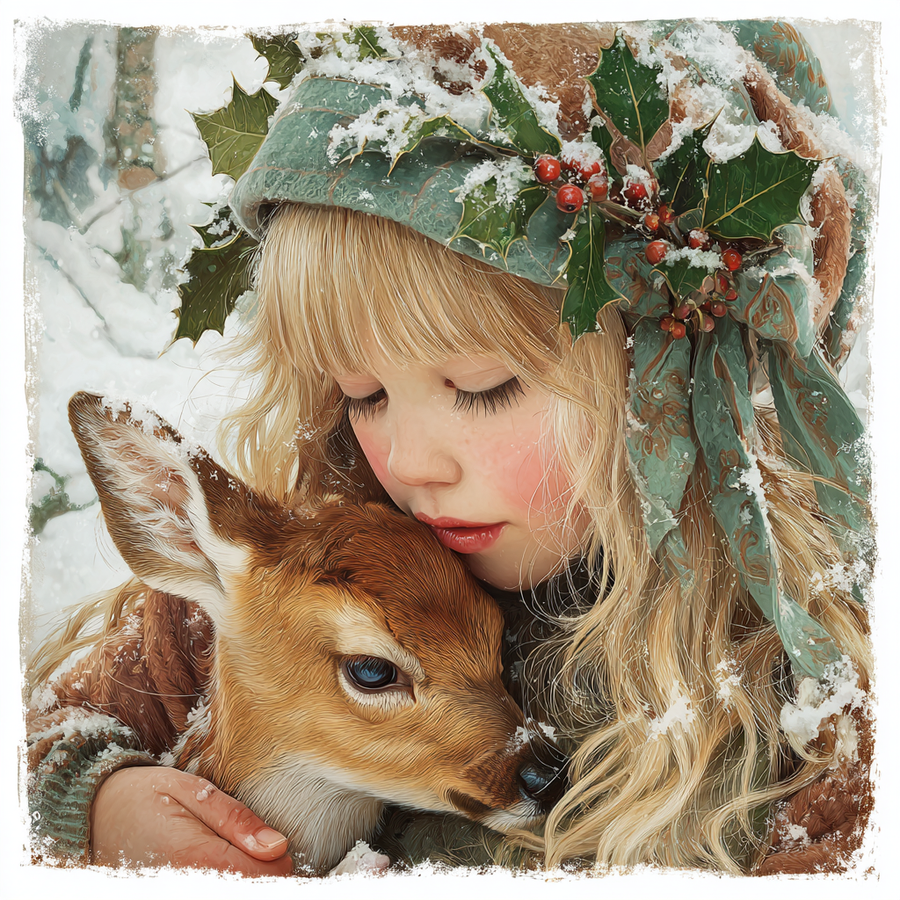 Winter Girl with Deer Sign, DCO-102528, Sign For Wreath, 10x10in Metal Sign