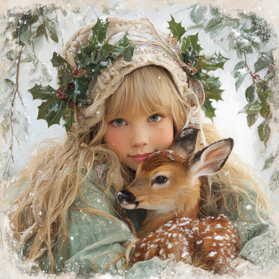 Winter Girl with Deer Sign, DCO-102530, Sign For Wreath, 10x10in Metal Sign