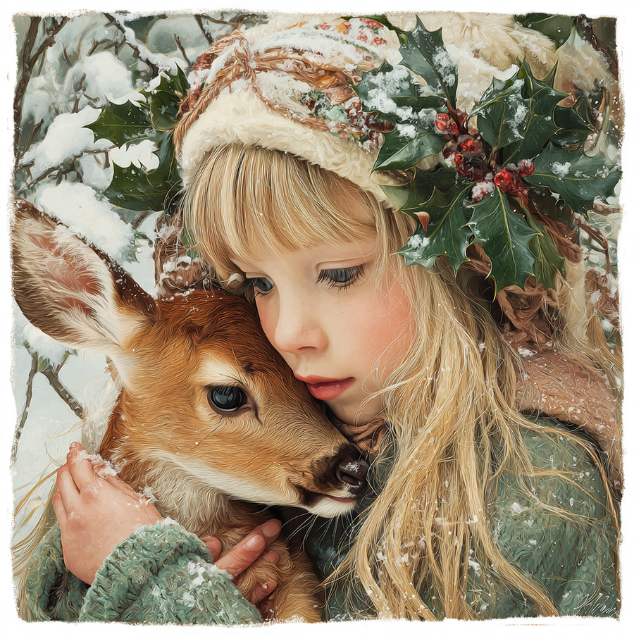 Winter Girl with Deer Sign, DCO-102533, Sign For Wreath, 10x10in Metal Sign