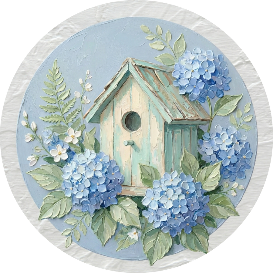 Hydrangea Birdhouse 10" Wood Wreath Sign - DCO-102928-D