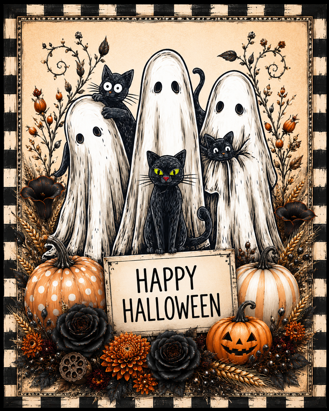 Vintage Ghost and Cats Halloween 8x10" Metal Wreath Sign - DCO-103025