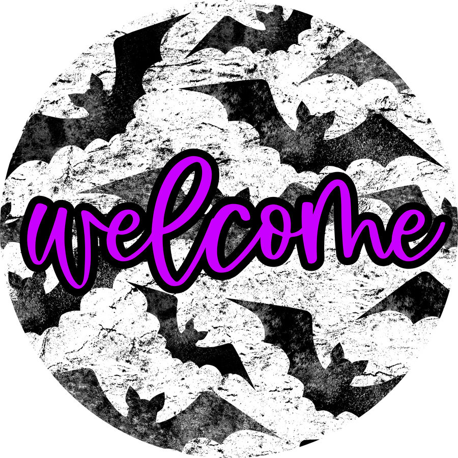 Welcome Bats Door Hanger, 4 Holes Door Hanger, DCO-W-00078-DH, 22 in Round Wood