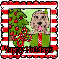 Thumbnail for Golden Doodle Wreath Sign, Yappy Holidays Dog Sign, 12