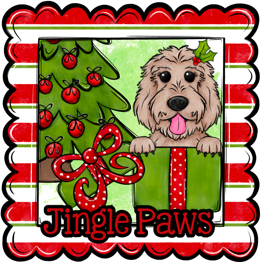 Golden Doodle Wreath Sign, Jingle Paws Dog Sign, 22" Door Hanger, DCO-W-00114-DH
