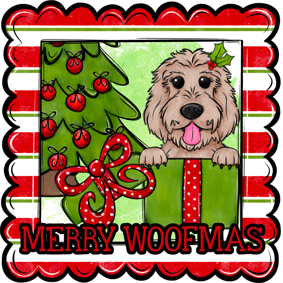 Golden Doodle Wreath Sign, Merry Woofmas Dog Sign, 12" Wreath Sign, DCO-W-00115
