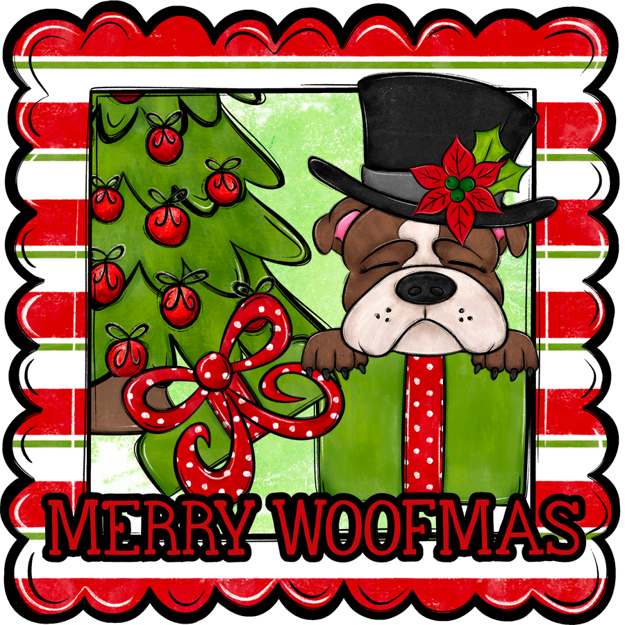 Bull Dog Wreath Sign, Merry Woofmas Dog Sign, 22" Door Hanger, DCO-W-00121-DH